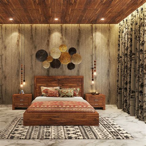 Classic bedroom design. Natural wood grain texture, soothing lights ...