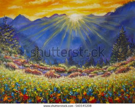 Original Oil Painting Sunrise Over Flower Stock Illustration 560145208