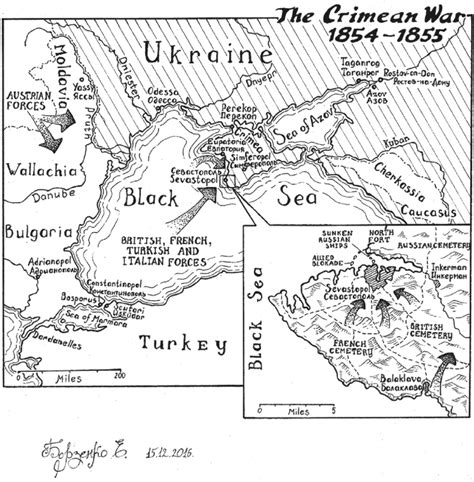 Historical map of the Crimean War 1854-1855, pen and ink drawing ...