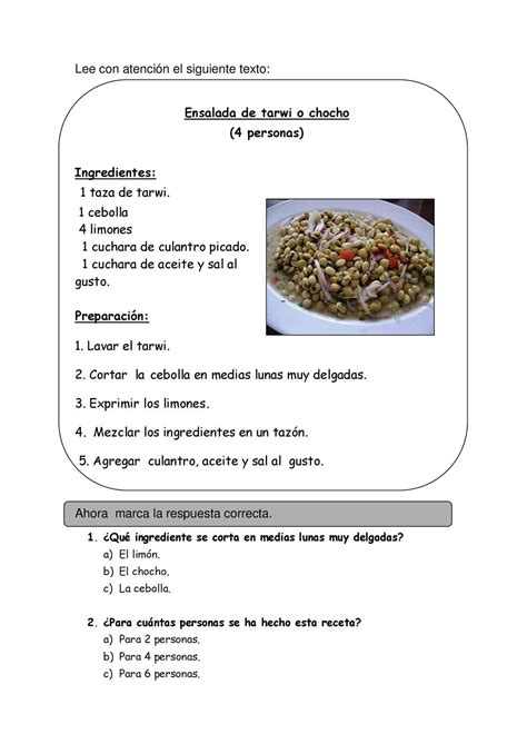 Una Receta Simpática Comprensión Lectora Texto Instructivo Para ...