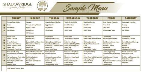 Sample Menu | Shadowridge Senior Living