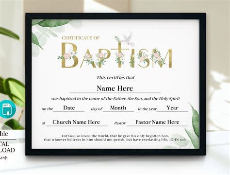 Floral baby baptism certificate 11×8 5 baby dedication certificate ...