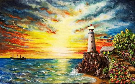 Ocean Lighthouse, art, sun, ship, ocean, painting, waves, sea ...