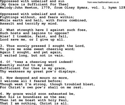 Old English Song Lyrics for Oppressed With Unbelief And Sin, with PDF