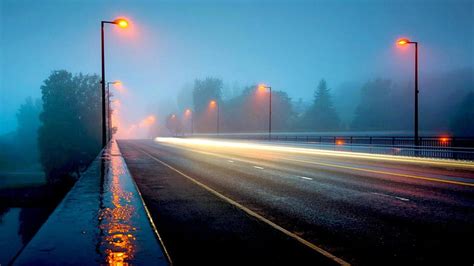 A highway bridge in a foggy rainy night, highway, bridge, rain, lights ...