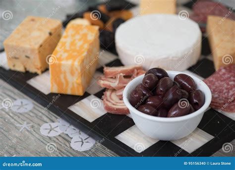 Cheese and Meat Tray stock photo. Image of salami, olives - 95156340