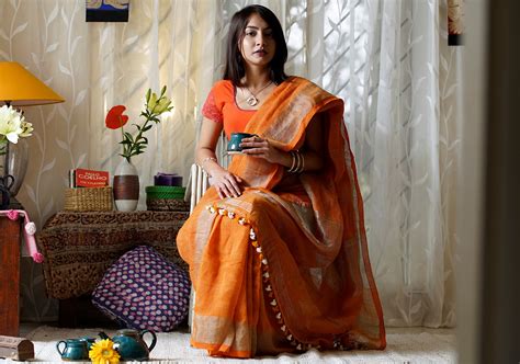 Orange Pure Linen Saree - Andloo