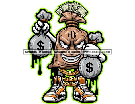 Gangster Money Bag Cartoon Character Holding Money Bags Dollar Sneakers ...