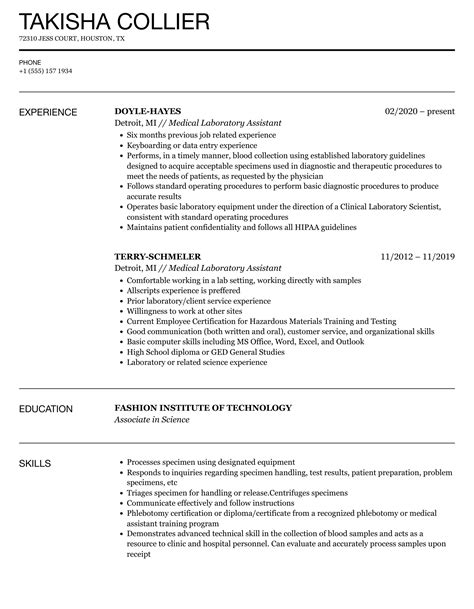 Medical Laboratory Assistant Resume Samples | Velvet Jobs