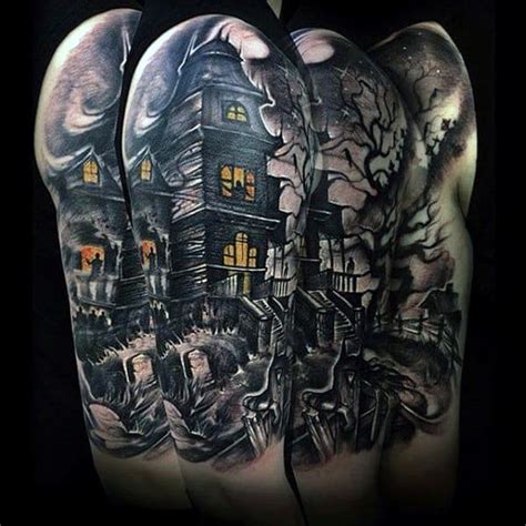 60 Scary Haunted House Tattoo Designs for Men