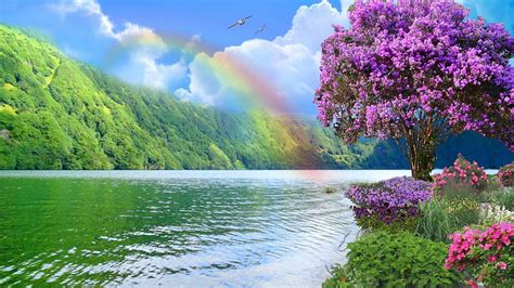 Rainbow ~*~, flowers, nature, river, rainbow, landscape, HD wallpaper ...