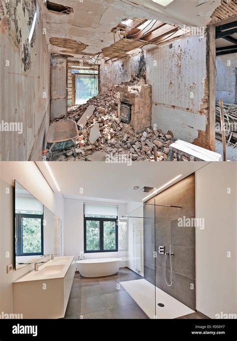 Renovation of a bathroom Before and after in vertical format Stock ...