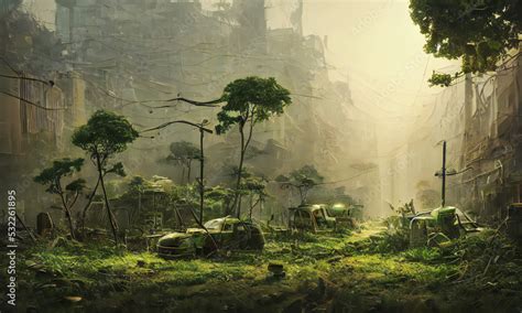 post-apocalyptic city, abandoned overgrown buildings Stock Illustration ...