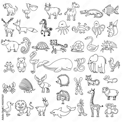 Vetor de Doodle animals childrens drawing. Animal doodle drawing ...