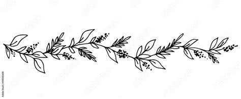 Simple hand-drawn vector drawing in black outline. Long floral banner ...