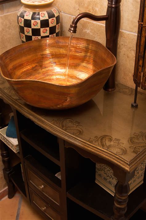 Rippled Vessel Bathroom Copper Sink - 16 x 6.5 - Thick Gauge 14 - DALI ...