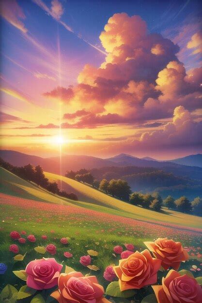 Premium AI Image | A painting of a field of roses with a sunset in the ...