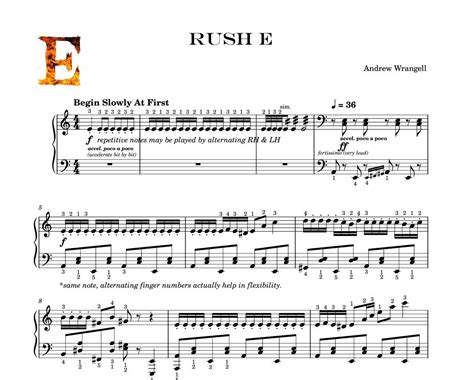 RUSH E Intermediate Piano Sheet Music With Note Names and Finger ...