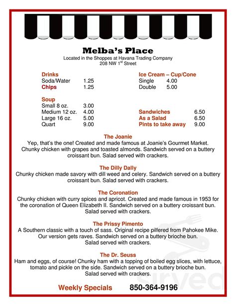 Melba's Place menu in Havana, Florida, USA