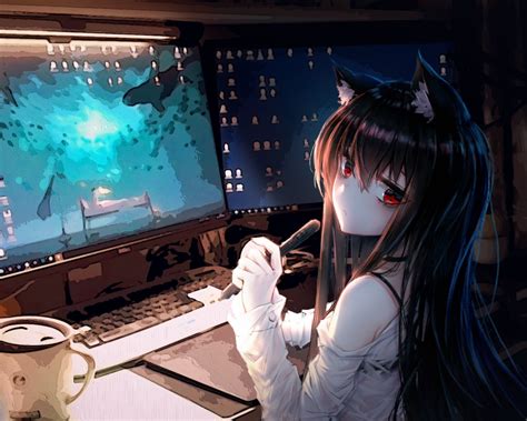 Anime Cat Girl, Room, Computer, Animal Ears, Coffee, - Anime Gamer Girl ...