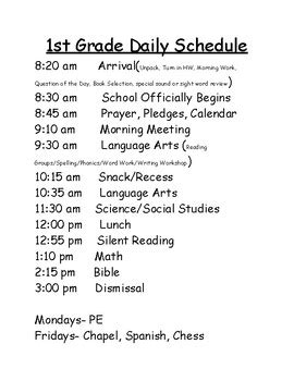 Sample 1st Grade Daily Schedule by Candace Ross | TpT