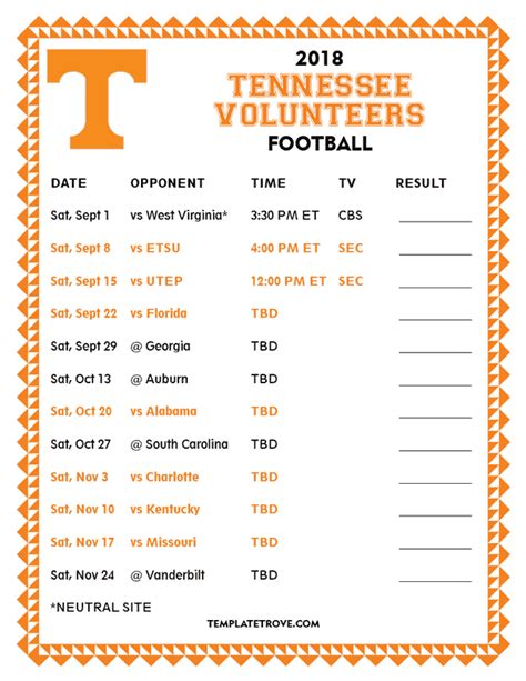 Tennessee Football Printable Schedule