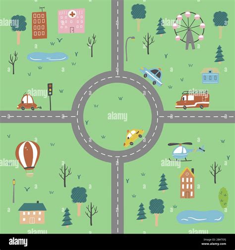 Cartoon cute kids map with car, road, city landscape elements. Cars ...