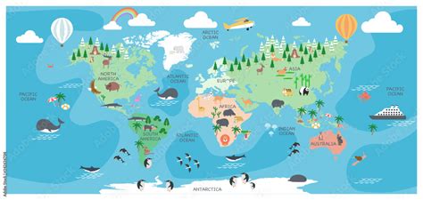 The world map with cartoon animals for kids, nature, discovery and ...