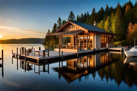 Premium AI Image | A house by the lake with a dock and dock in the ...