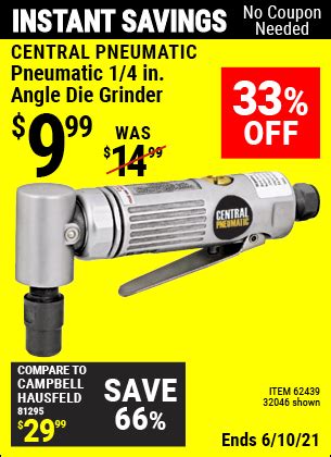 CENTRAL PNEUMATIC Pneumatic 1/4 in. Angle Die Grinder for $9.99 ...