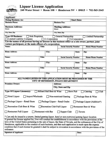 Liquor License Application Form printable pdf download