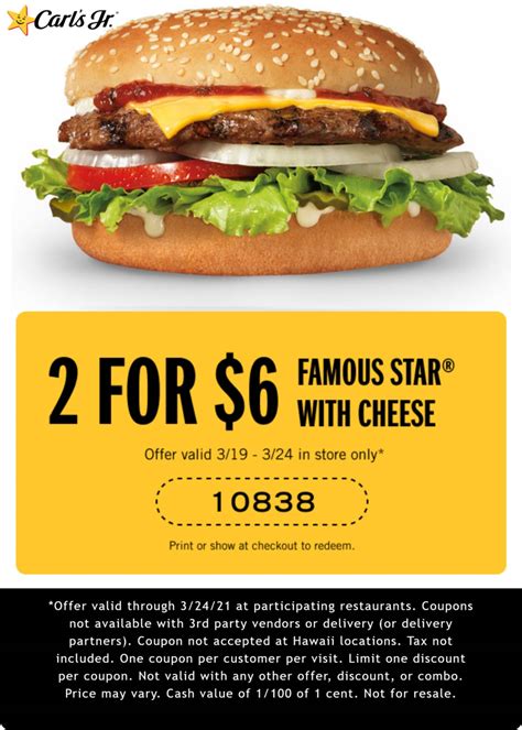 2 famous star cheeseburgers for $6 at Carls Jr. restaurants #carlsjr ...