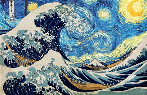 HD wallpaper: The Great Wave of Kanagawa painting, Hokusai, starry ...