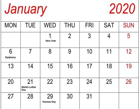 20+ January 2020 Calendar With Holidays - Free Download Printable ...