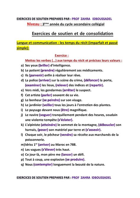 EXERCICES DE SOUTIEN : LES TEMPS DU RÉCIT (CONJUGAISON ET VALEURS ...