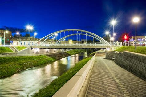 Arch Bridge Over Cibin River at Night with Amazing Blue Sky. Sibiu ...