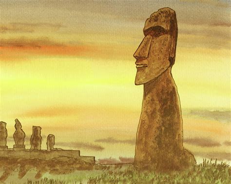 Vintage Beige Watercolor Moai Monumental Statue Easter Island Chile ...