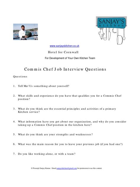 Commis Chef Job Interview Questionnaire 2012