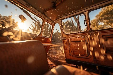 Premium AI Image | an old bus with a vintage interior and a sunset in ...