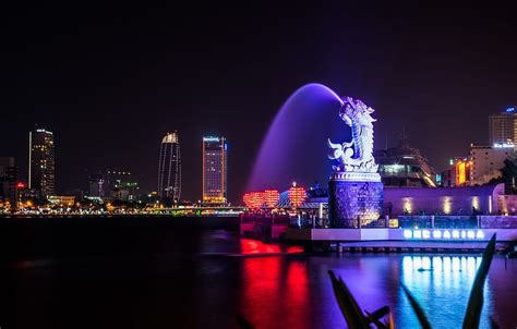 Night, The city, Dragon, Fountains, Vietnam, Da, Da Nang HD wallpaper ...