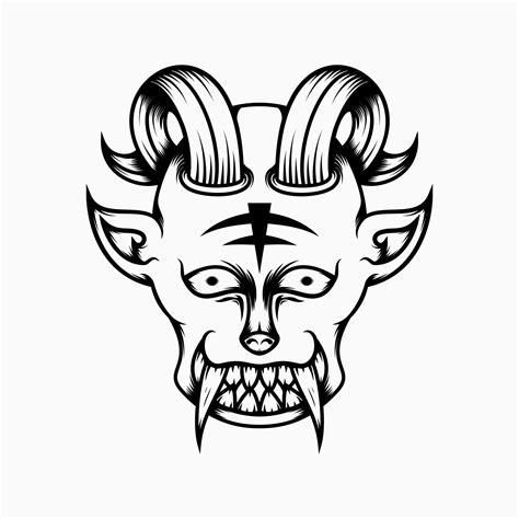 scary demon head illustration with line art style. horns and fangs ...