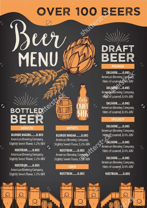 a beer menu with an image of barrels and hops on the blackboard background