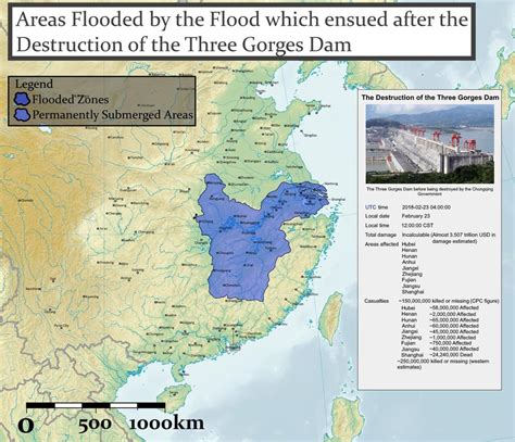 Map of the ensuing flood caused by the bursting of the Three Gorges Dam ...