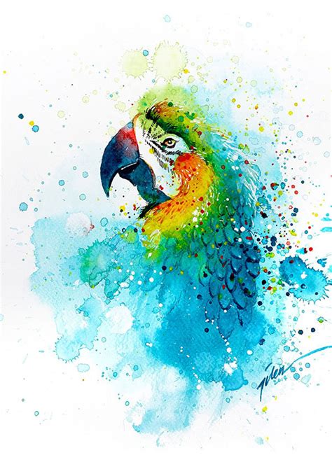 a painting of a colorful parrot with splashes on it's body and head