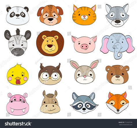 Set Cartoon Animal Faces On White: เวกเตอร์สต็อก (ปลอดค่าลิขสิทธิ์ ...