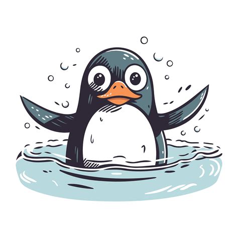 Cute penguin swimming in water. Hand drawn vector illustration ...