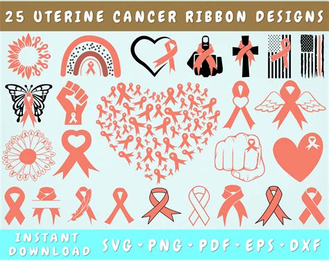 Uterine Cancer Ribbon SVG Bundle, 25 Designs, Uterine Cancer Clipart By ...