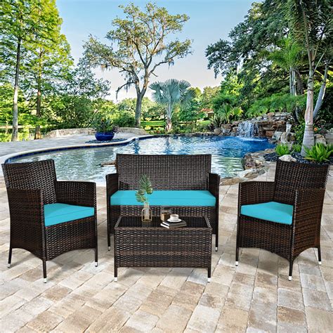 Gymax 4PCS Patio Rattan Conversation Furniture Set Outdoor w/ Turquoise ...