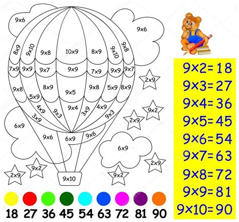 Übung für Kinder mit Multiplikation mit neun - Bild in relevanter Farbe ...