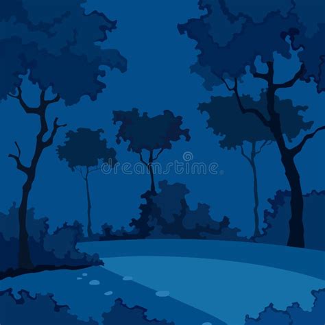 Cartoon Night Background of Forest with Deciduous Trees Stock Vector ...